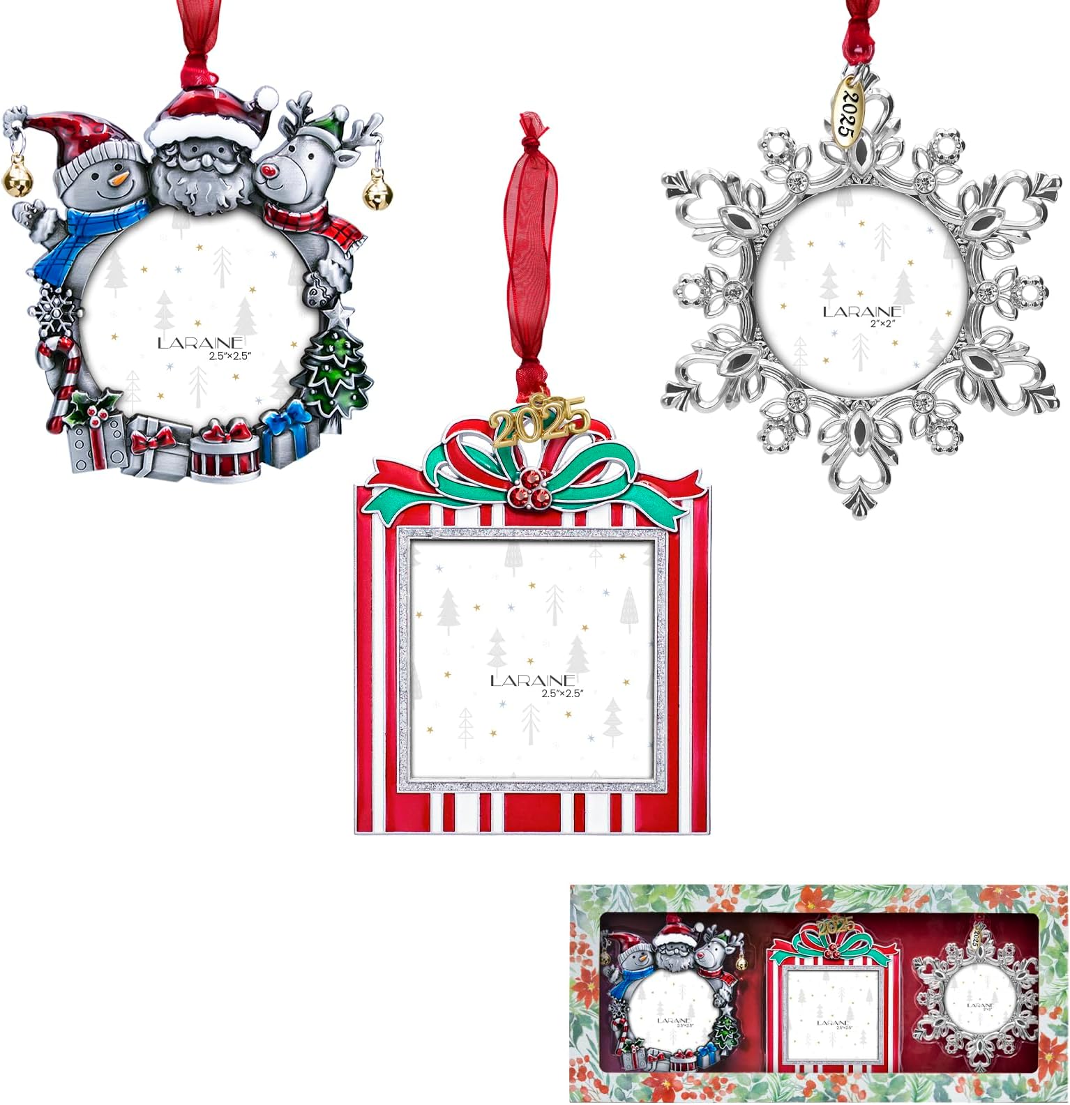 Laraine Christmas Tree Ornaments – 3-Piece Decorative Hanging 2025 Holiday Keepsake Gift Pendant with 2” Photo Frame Insert for Picture of Pet (3-Piece Gift Set (2025))