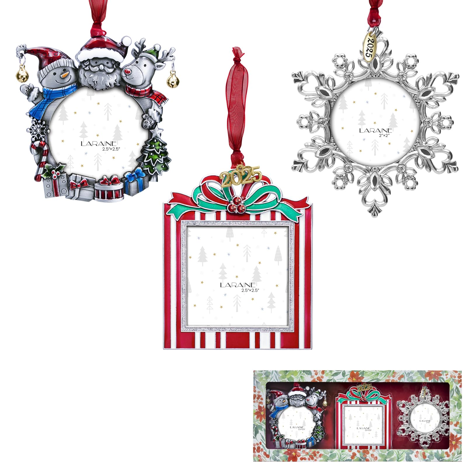 LARAINE Christmas Tree Ornaments – Decorative Hanging 2020 Holiday Keepsake Gift Snowflake Pendant with 2” Photo Frame Insert for Picture of Pet (3-Piece Gift Set (2025))