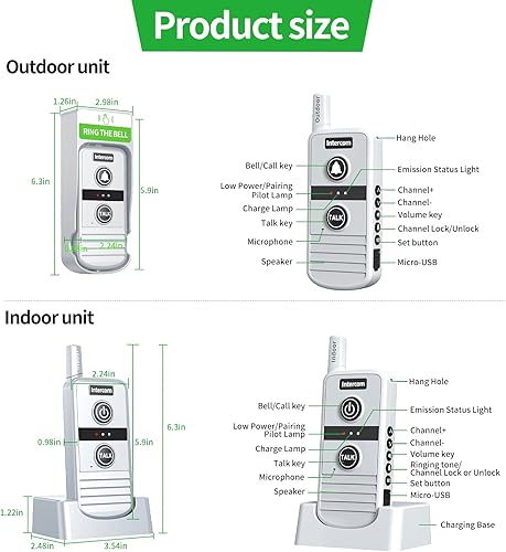 Miniatura 9 de Timbre de intercomunicación inalámbrico, timbres a batería con altavoz, rango de 4900 pies, intercomunicadores de comunicación bidireccionales con 3