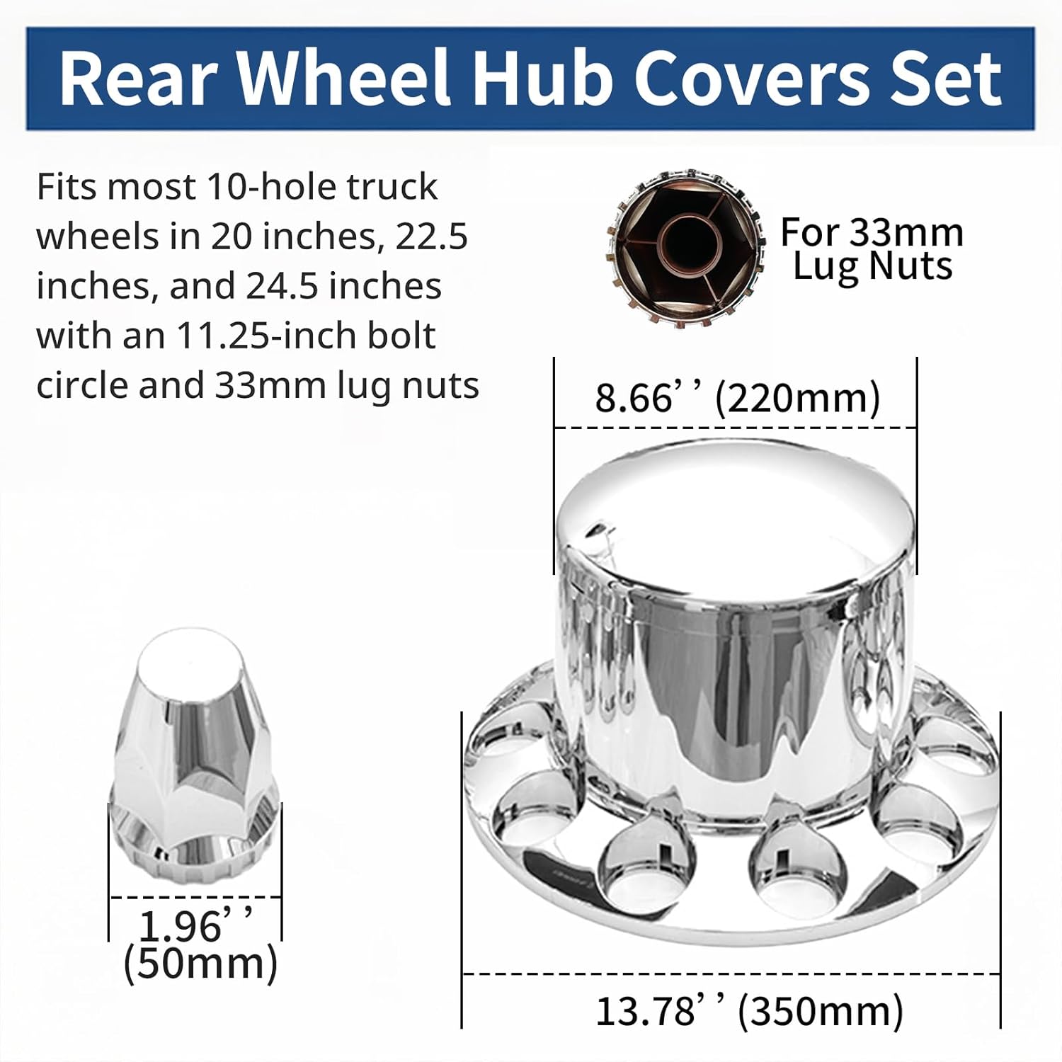 High Soar Chrome Rear Hub Covers Set ABS with 33mm Thread-on Frustum Lug Nut Covers for Semi Trucks Accessories, 4 Rear
