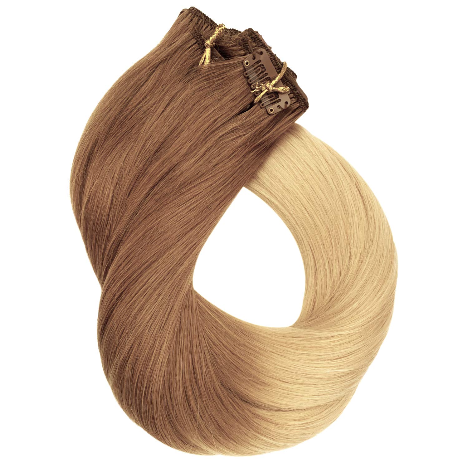 Blonde Clip in Extensions 16" 8pcs 120gram Dip Dyed Extensions Color Ombre #12 Golden Blonde to #613 Bleach Blonde Clip on Hair Extensions 20 clips Full Head Soft Silky Straight for Women Girls
