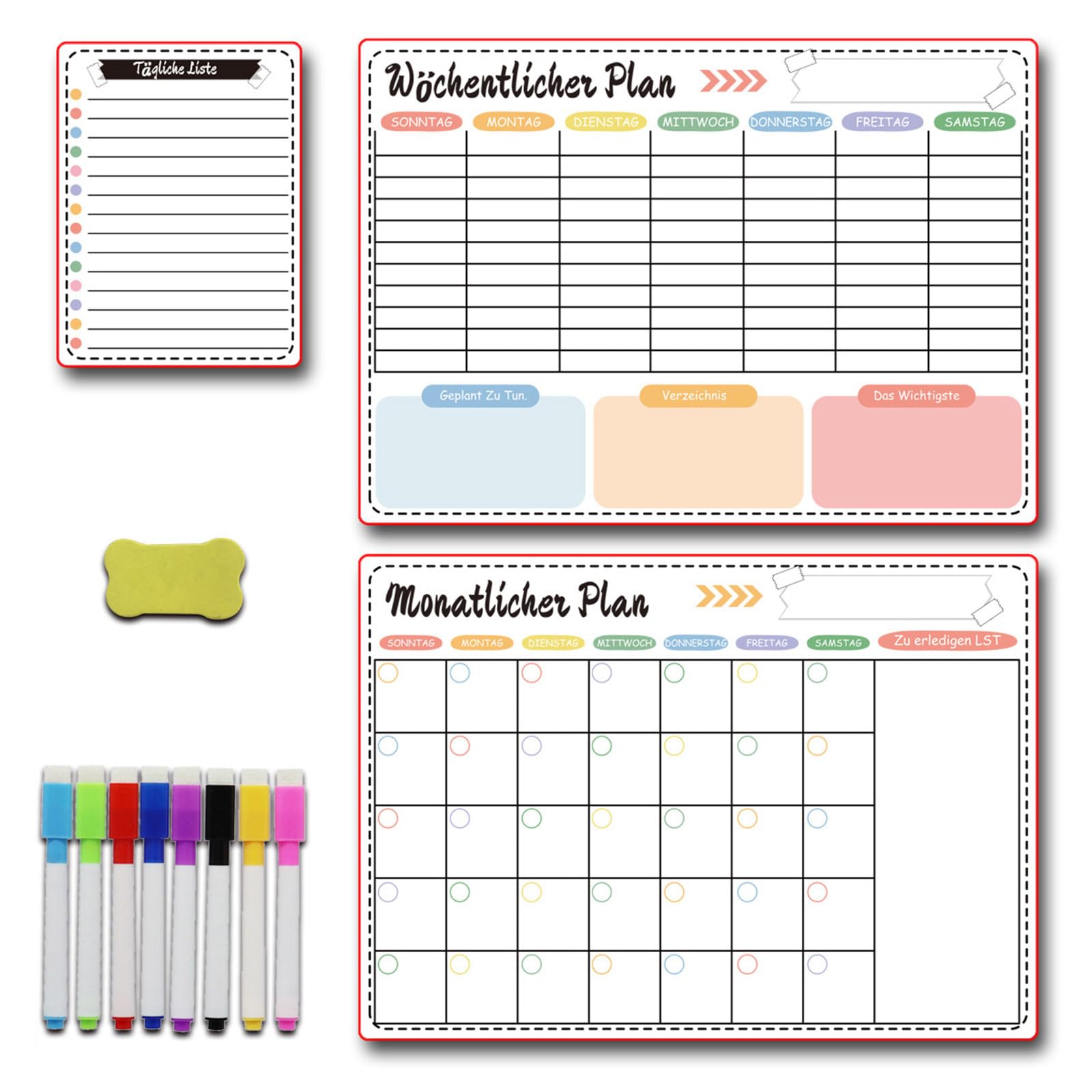 Calendrier magnétique frigo effaçable avec marqueur pour planning de cuisine et courses