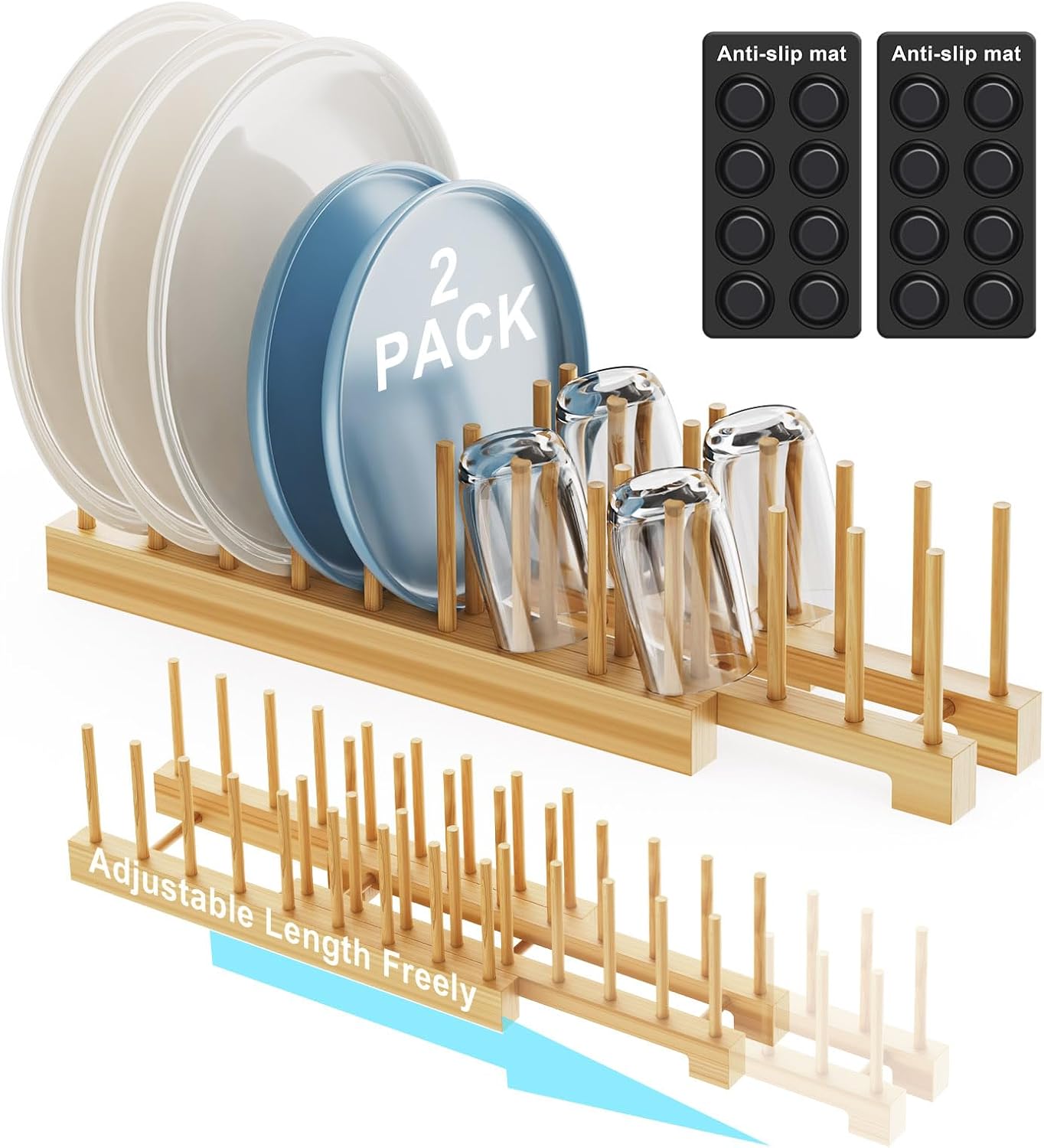 Bamboo Dish Rack - Expandable Plate Rack & Dish Drying Rack for Kitchen Cabinet Storage, Adjustable Multi-Functional Design Organizer for Plates, Cups, Pots, Cutting Boards (Natural Bamboo) 2 PACK