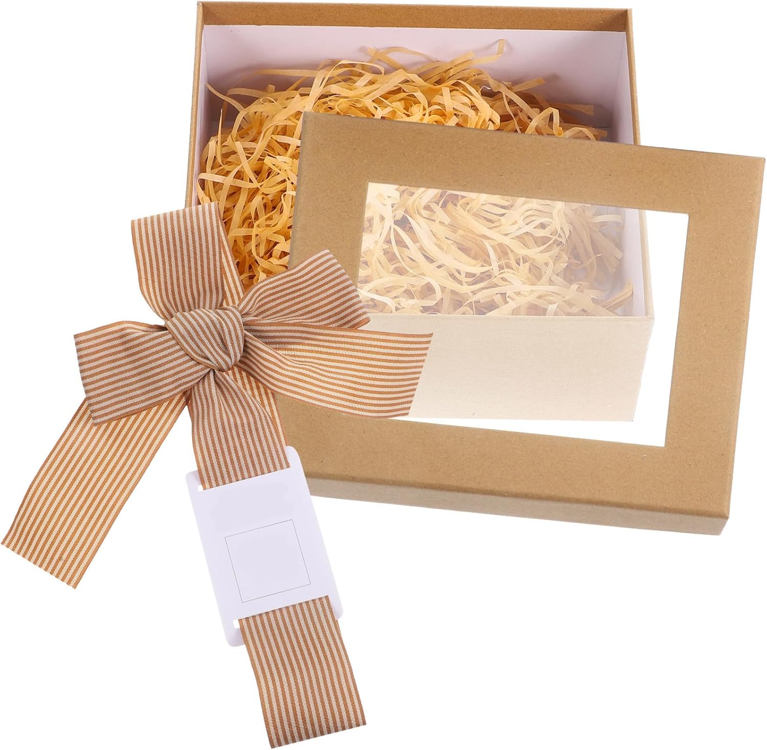 TEHAUX Birthday Present Box with Window, Large Kraft Paper Box Set with Ribbon, Card, Raffia for Party Favors and Birthday Packaging, Includes Gold Tote Bag, Suitable for Business and