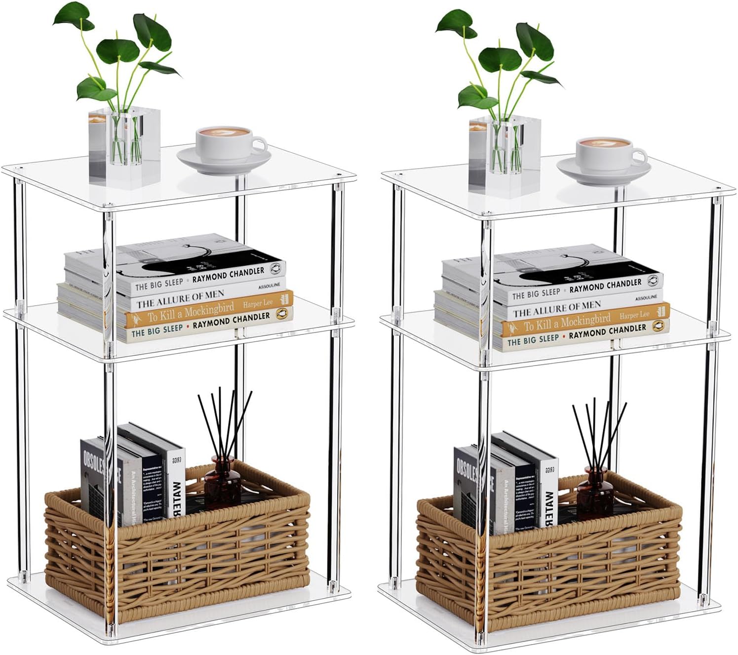 Clear Acrylic Side Table, 3-Tier End Table for Living Room, Small Bedside Tables Nightstand for Bedroom Set of 2, Home Decor Accent Table, 15.7" L x 11.8" W x 23.6" H