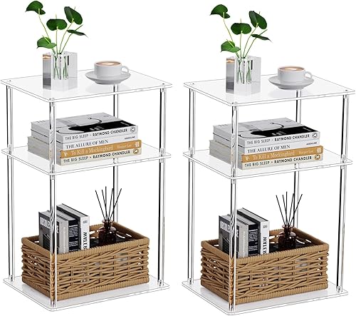 Mesa auxiliar de acrílico transparente, mesa auxiliar de 3 niveles para sala de estar, mesitas de noche pequeñas para dormitorio, juego de 2, mesa