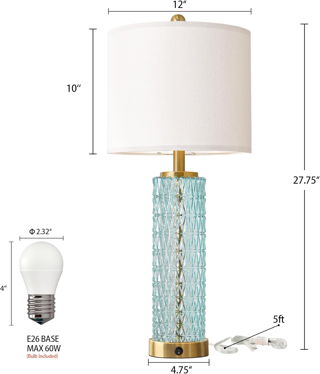 Oneach 27.75" Coastal Table Lamps Set of 2, Clear Blue Bedside Lamp with Glass Nightlight, USB A+C, Unique Desk Lamps for Living Room, Bedroom, Nightstand, End Table (2 Bulbs Included)