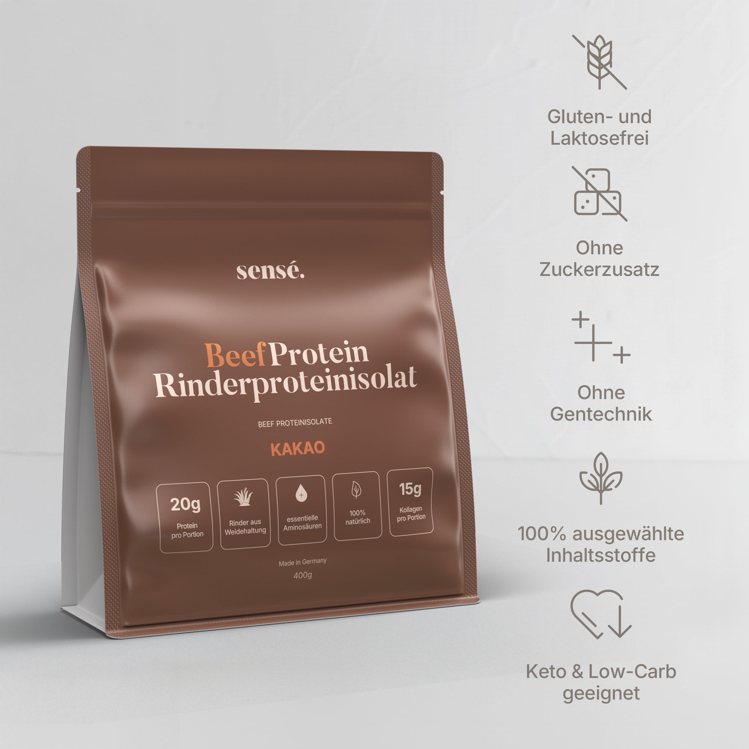 Sensé. Rinderprotein Pulver Kakao 400g -100% natürlich | 20g Protein | 10% Kakaopulver & Flohsamenschalen | Bioaktiv | Kollagen 1,2+3 | Knochenbrühe vom Weiderind | Bone Broth | Made in Germany