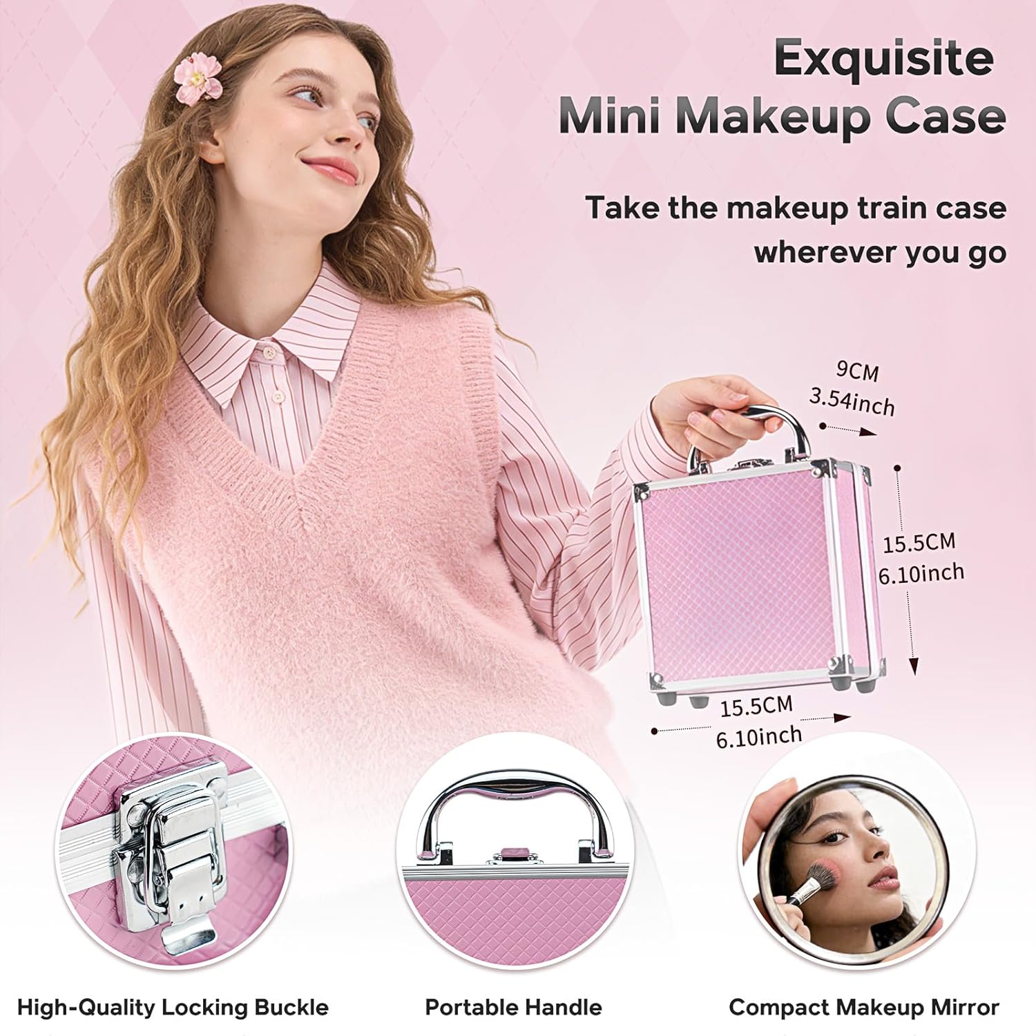 Color Nymph Beginner Makeup Kit For Teens With The Small Cosmetic Train Case Included 24-Colors Eyeshadow Palette Blushes Bronzer Highlighter Lipstick Brushes Mirror(Pink)