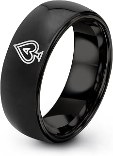 4 Ace Good Luck Playing Card Ring - Gift for Gamer Friend - Band - Tungsten - 8mm - Brushed Polished - Personalized Custom Engraving - Black Yellow Gold Silver - Anniversary Wedding - Men Women - Flat