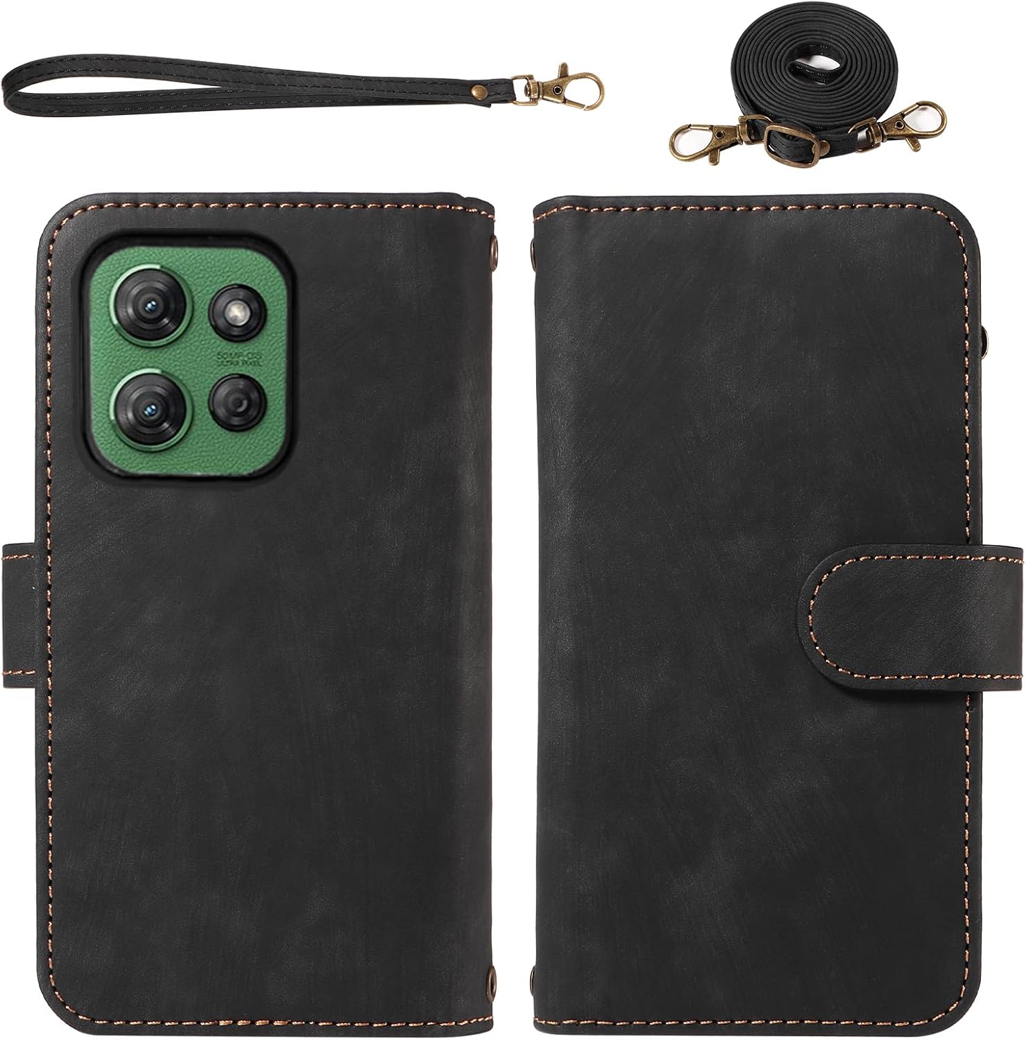 Phone Case for Motorola Moto G Stylus 5G 2025 Zipper Wallet Magnetic Detachable Cell Cover with Tempered Glass Screen Protector Crossbody Lanyard Strap Flip Card Holder Slot G5 Women Girls Black