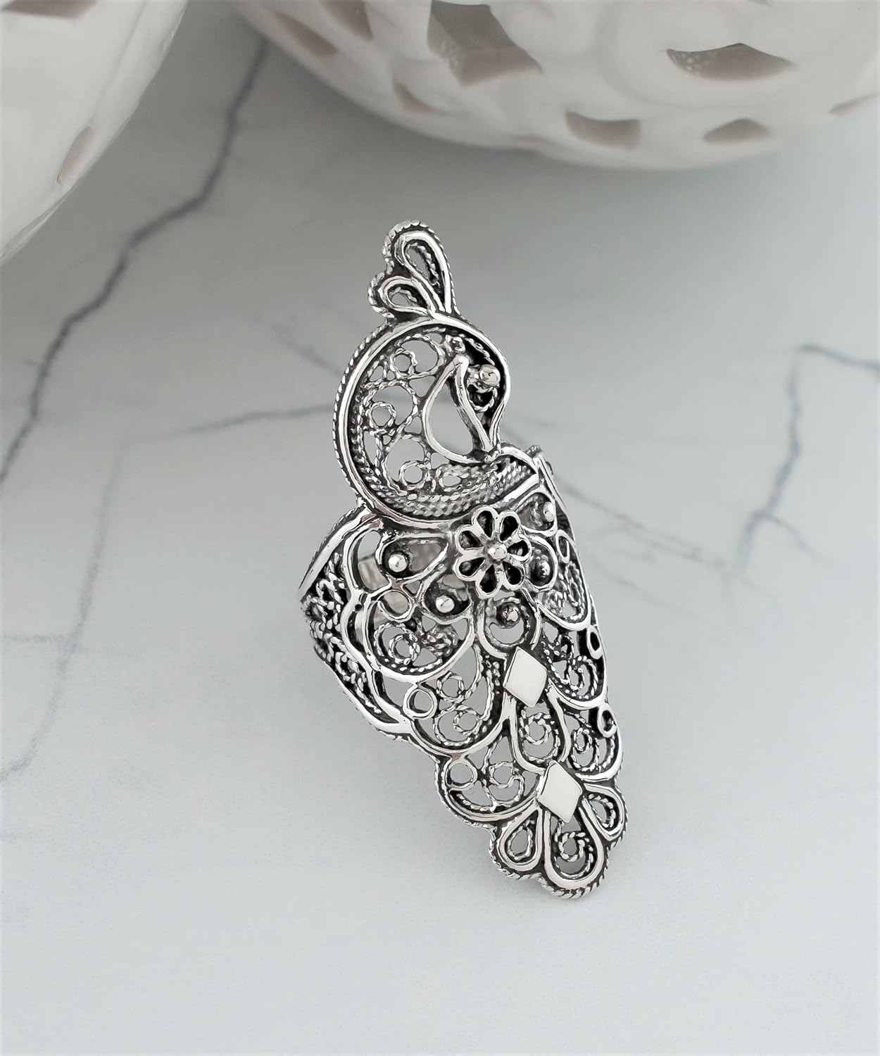 Filigranist Sterling Silver Filigree Peacock/Butterfly/Dragonfly Women Statement Ring