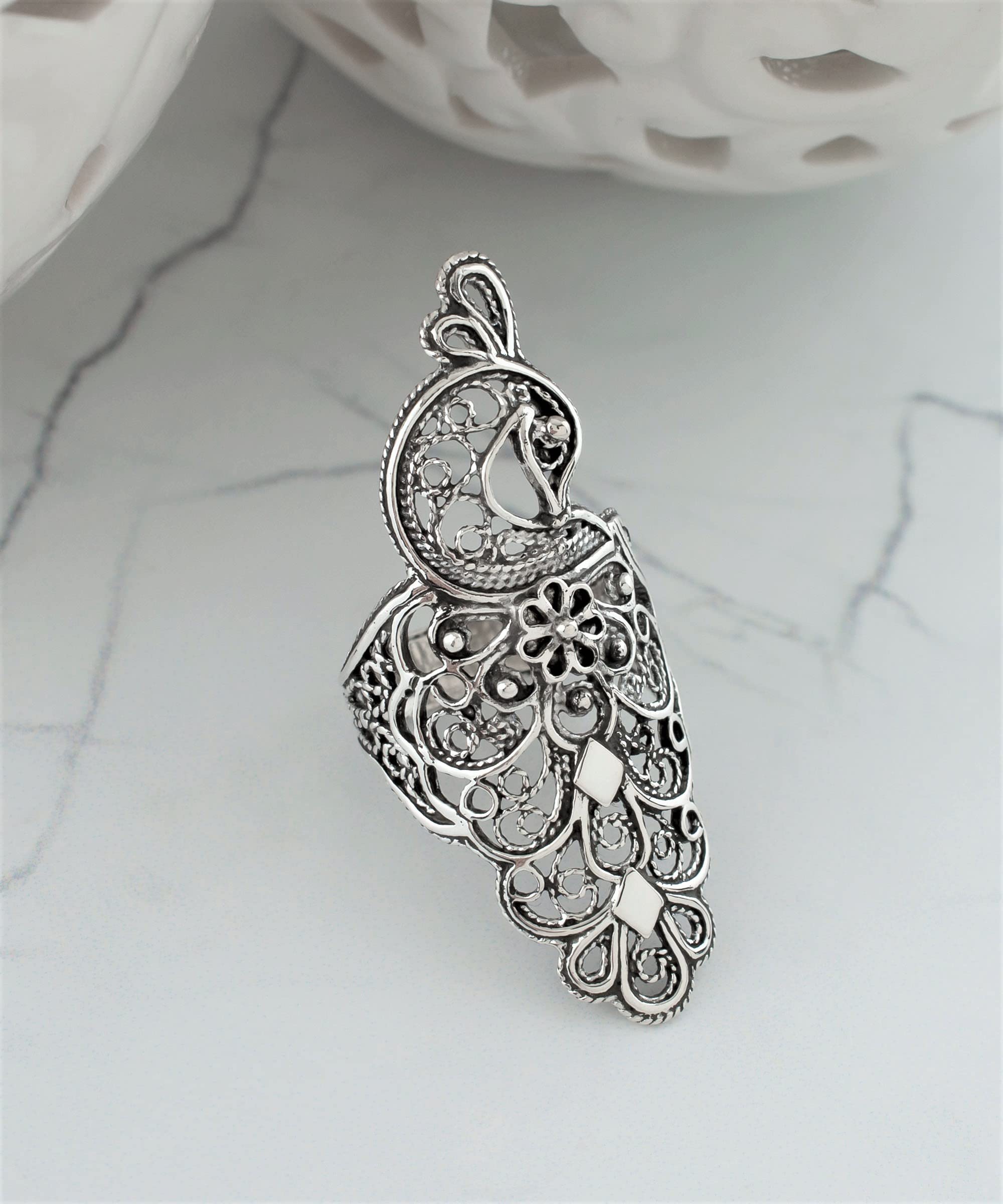 FILIGRANIST Sterling Silver Filigree Statement Ring - Handcrafted Peacock, Butterfly, Dragonfly Designs (No Gemstone, Nickel Free)