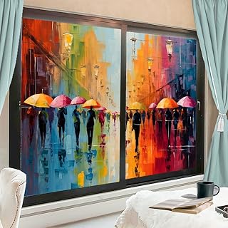 Contemporary Street Window Film Privacy Vintage Colorful Umbrella Pedestrian Stained Glass Window Film Sun Blocking Decorative Window Covering Film for Home Office 27.6Wx47.2L-inch x2 Pcs