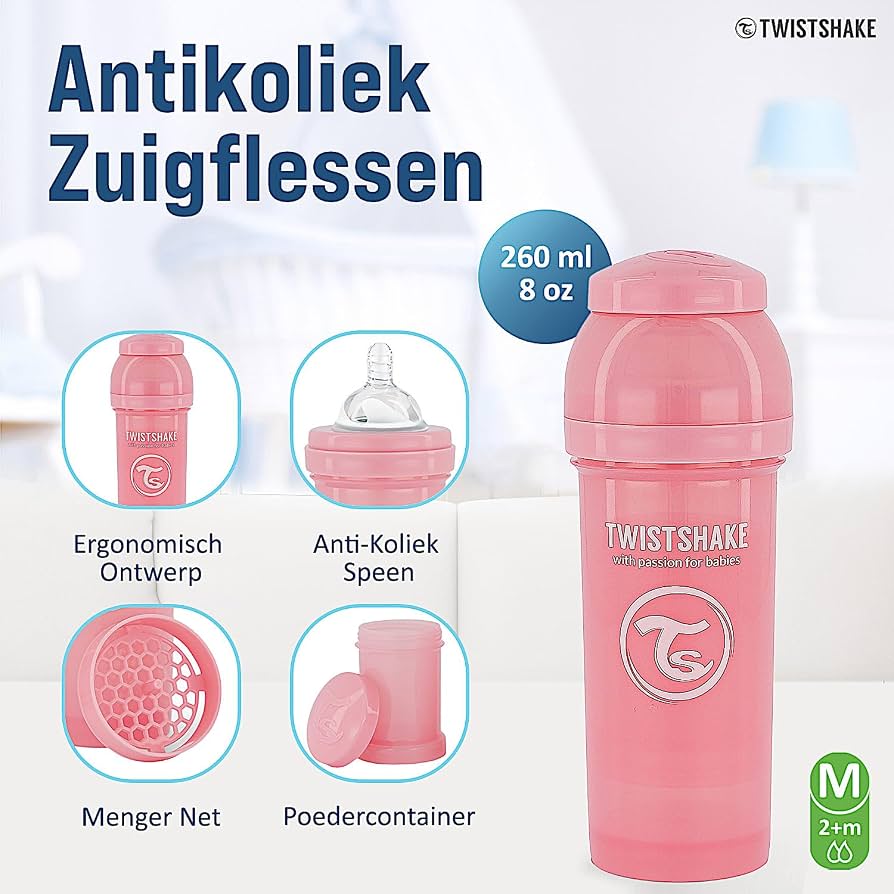 Biberon Anti-Coliques Twistshake 260ml Avec Doseur - Tétine Silicone Flux Moyen - Blanc