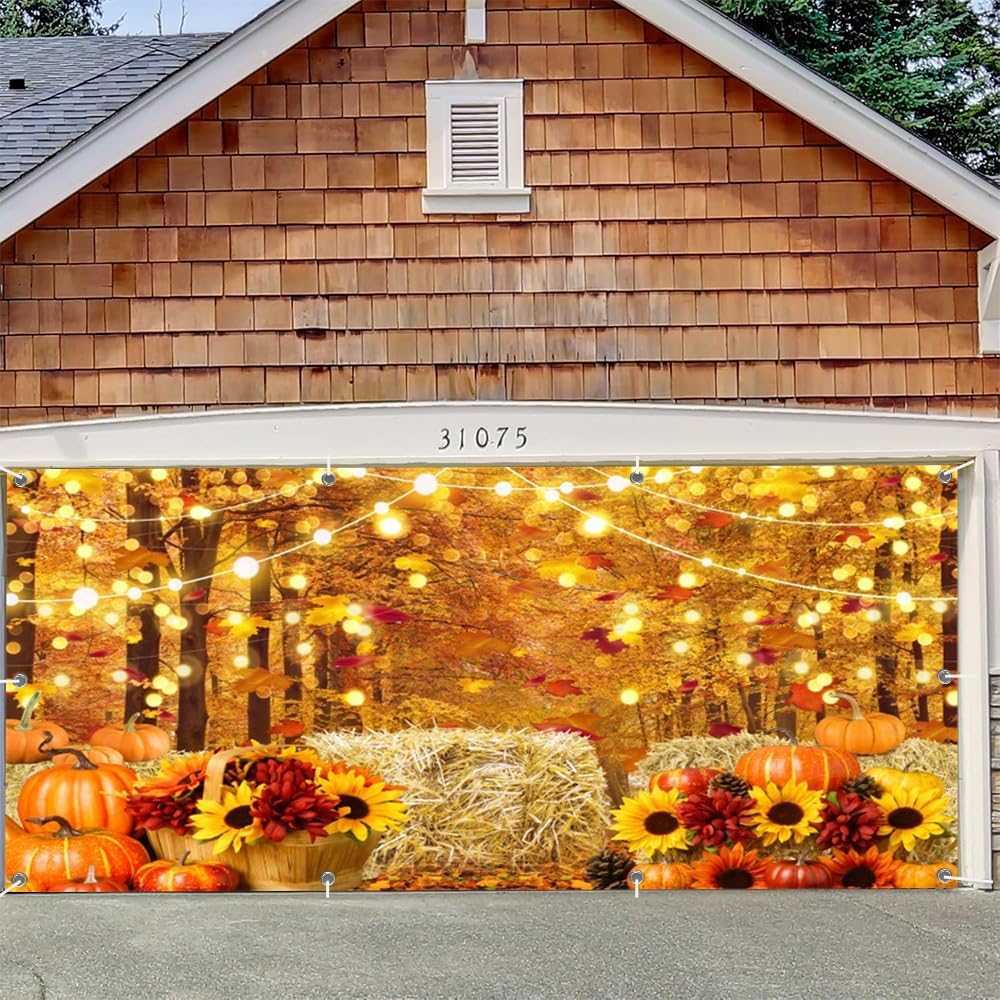 Fall Thanksgiving Garage Door Cover Decorations Banner Backdrop 7x16ft,Large Hanging 2 Car Autumn Garage Door Cover,Maple Forest Pumpkin Haystack Backdrop Wall for Indoor Outdoor Holiday Decorations