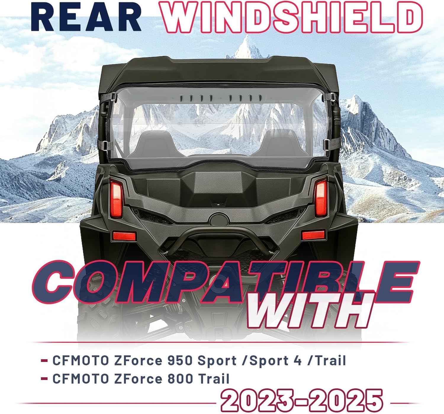 UTV Rear Windshield W/ Vent Holes Compatible with 2023-2025 CFMOTO ZForce 950 Sport/Sport 4/Trail/800 Trail All-Weather Protection Against Flying Mud, Rain and Debris Plastic(PC+Rubber) Clear