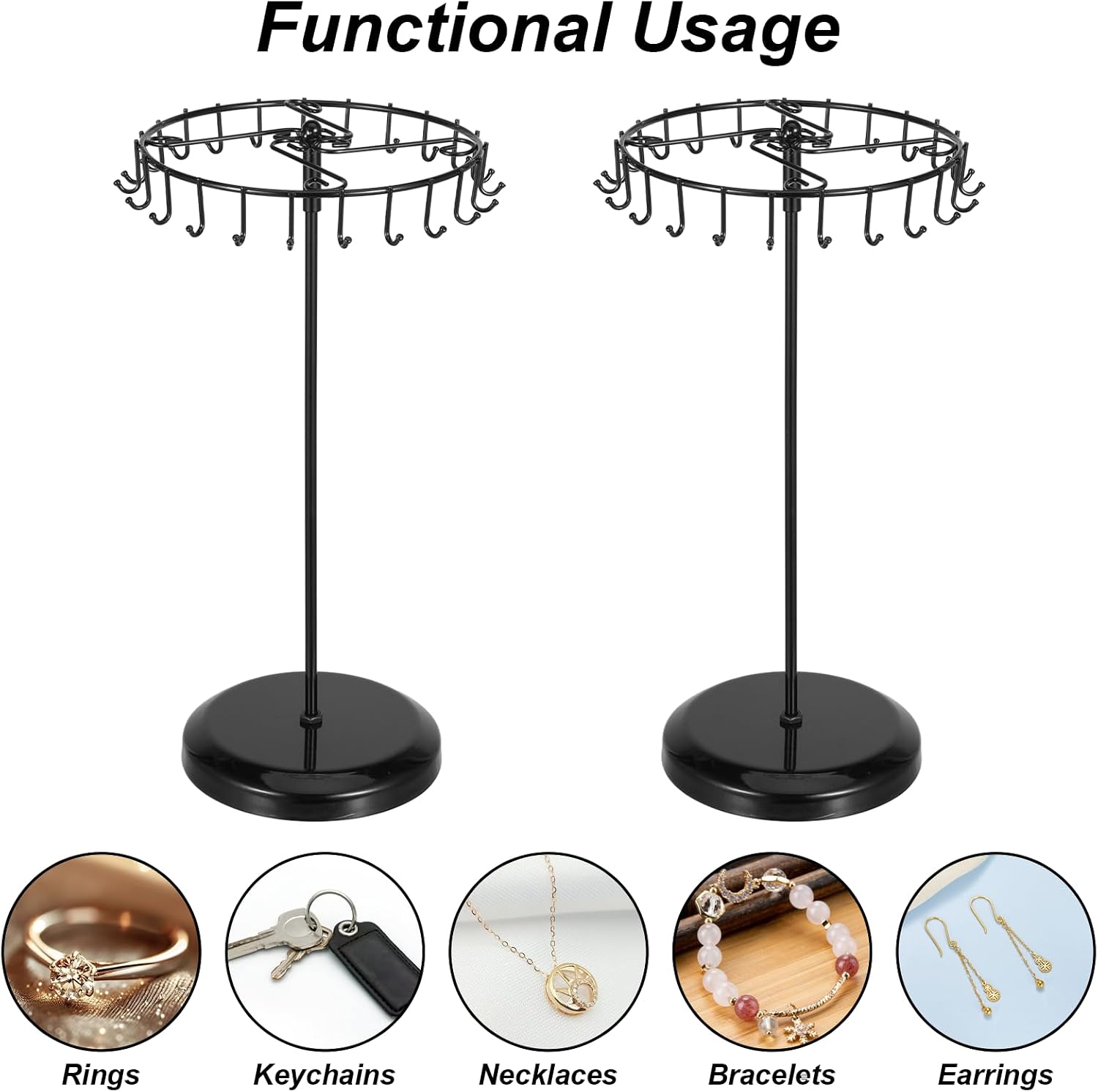 2 Pack Rotating Necklace Holder, Metal Jewelry Tree Display Stand with 23 Hooks Each, Black Jewelry Organizer for Bracelet, Earring, Keychain, Ring