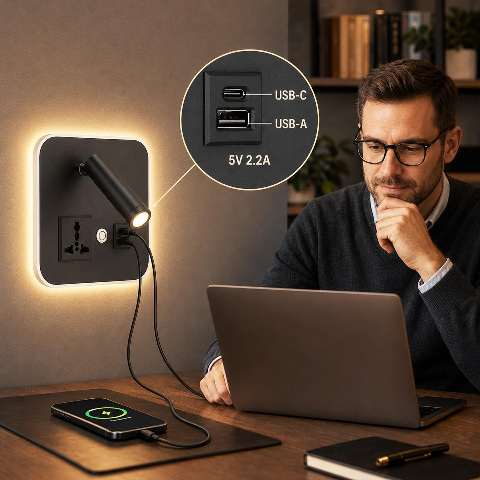 Lámpara de pared LED, 12W 3000K Lámpara De Lectura con puerto USB A+C, aplique pared regulable con cabezal orientable 350°, lámpara con puerto USB para dormitorio y salón, aluminio negro