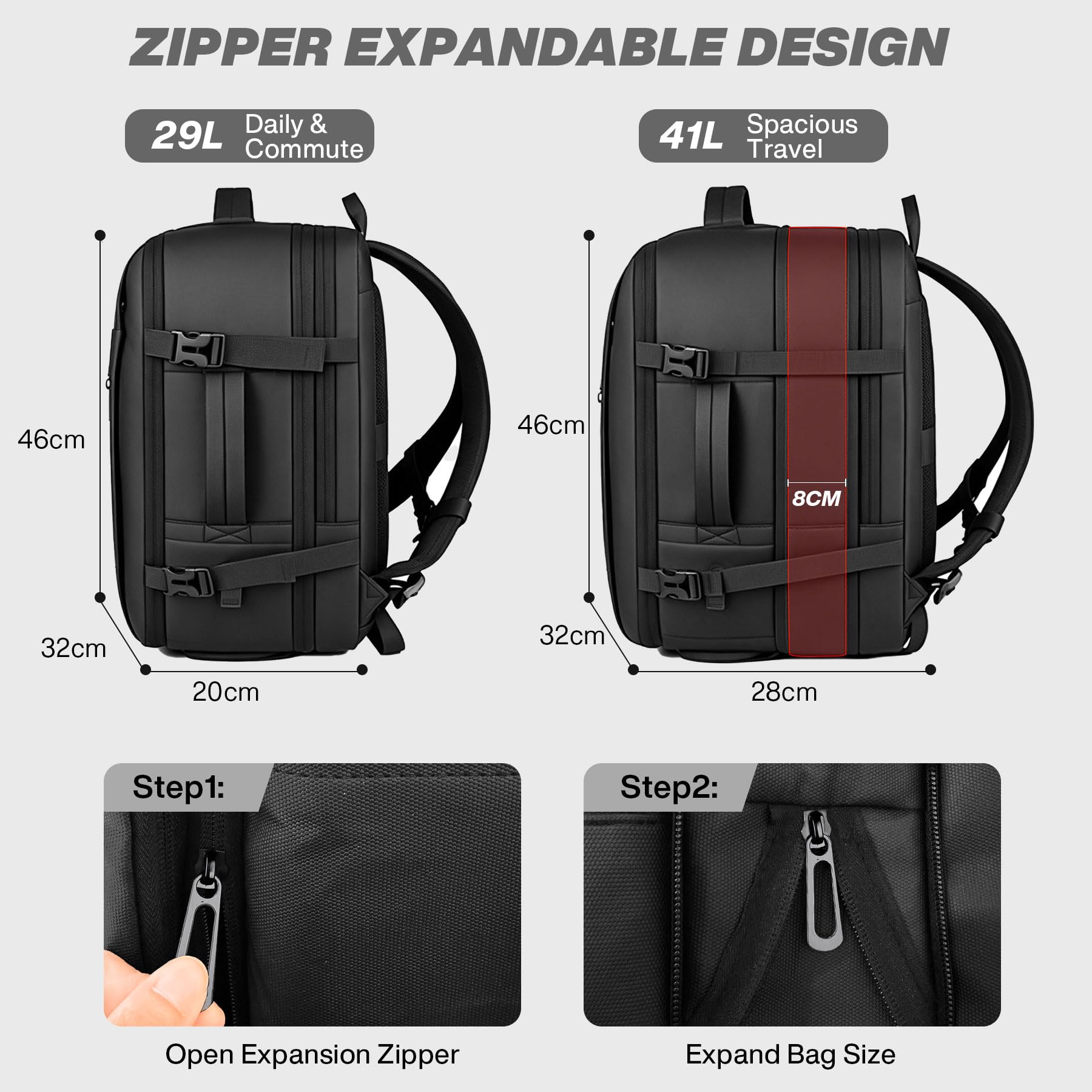 Mochila de viaje para portátil, mochila cabina expandible 41L, hombre y mujer