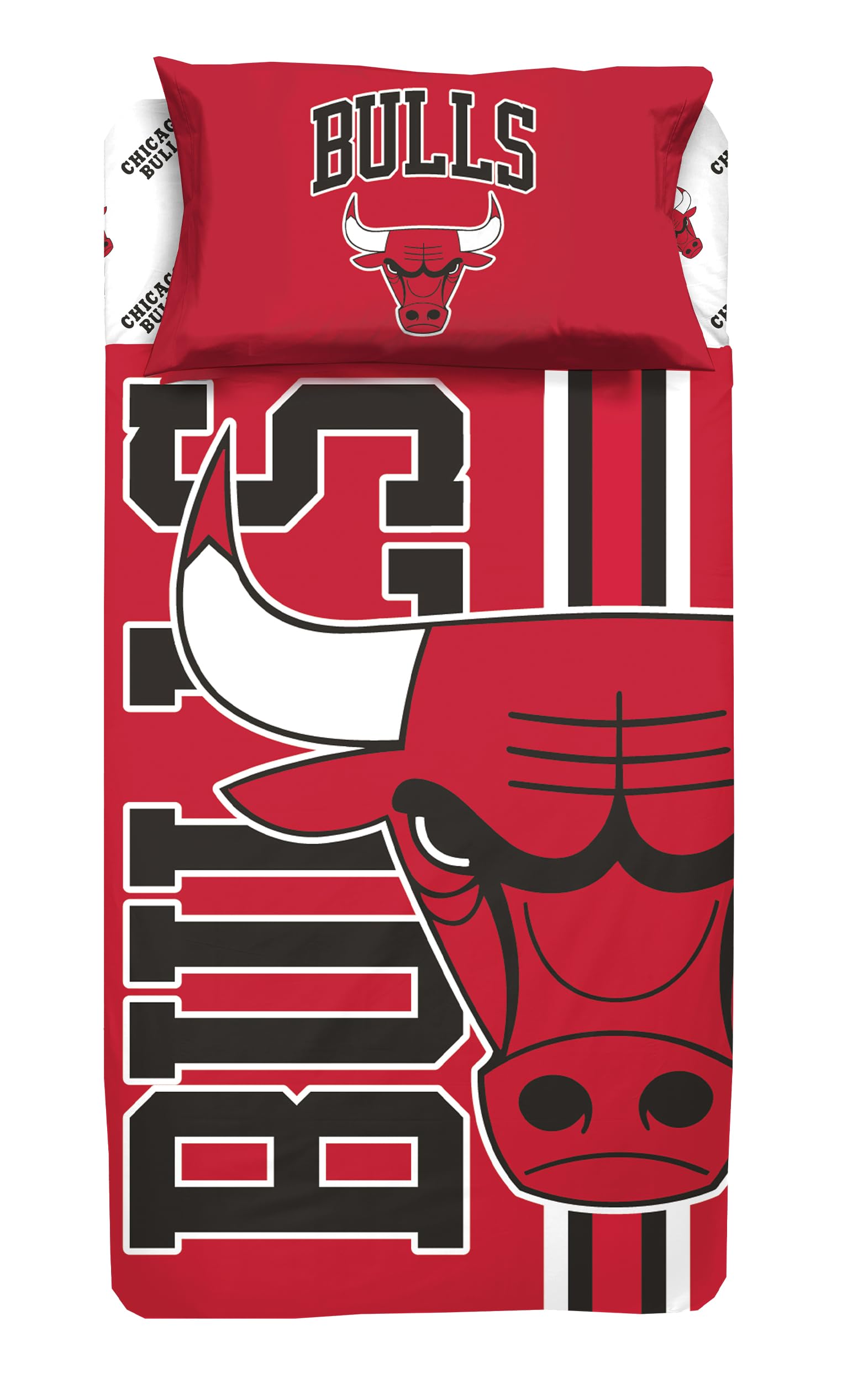hermet NBA Single Bed Sheet Set, Single Bed Set, Top Sheet, Fitted Sheet, Pillowcase, 100% Cotton, Bulls, Official Product