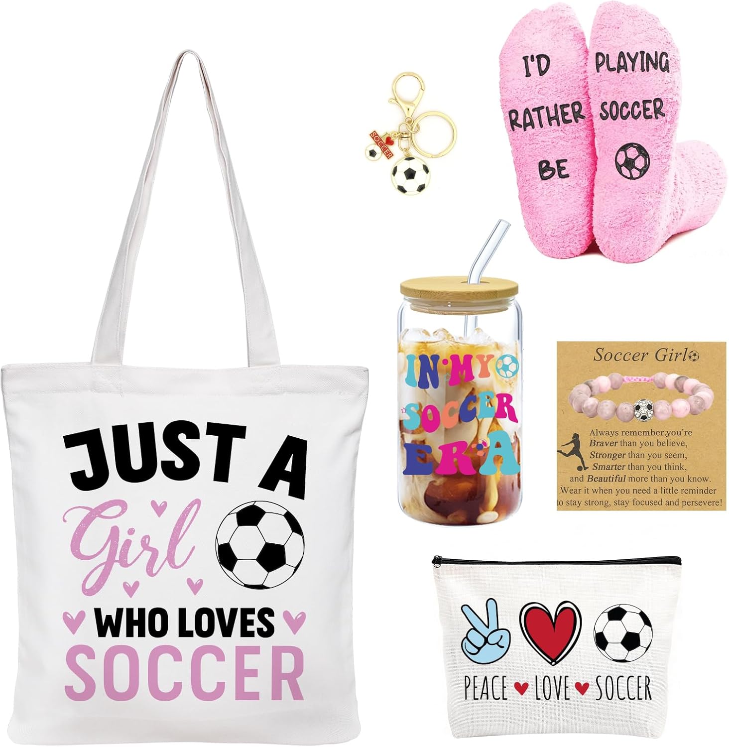 7 Pcs Soccer Gifts for Teen Girls Women 16 oz Glass Tumbler Bracelets Keychain Canvas Tote Bag Makeup Bags Socks for Soccer team Lover Coach