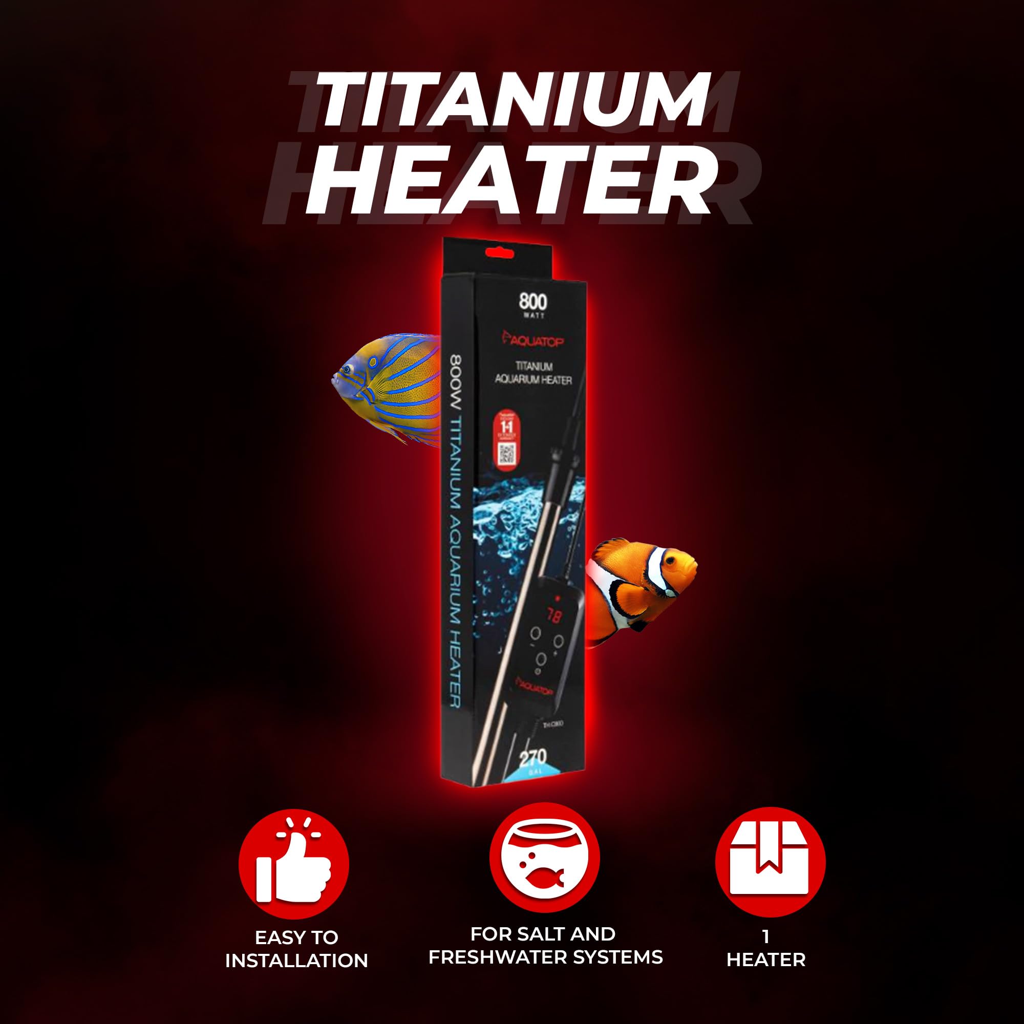 Aquatop TH-C800 - Calentador de titanio de 800 W con controlador, sumergible para tanques de hasta 270 galones, ajustable de 20.0 a 33.3 °C, duradero para peces y tortugas grandes, TH-C800