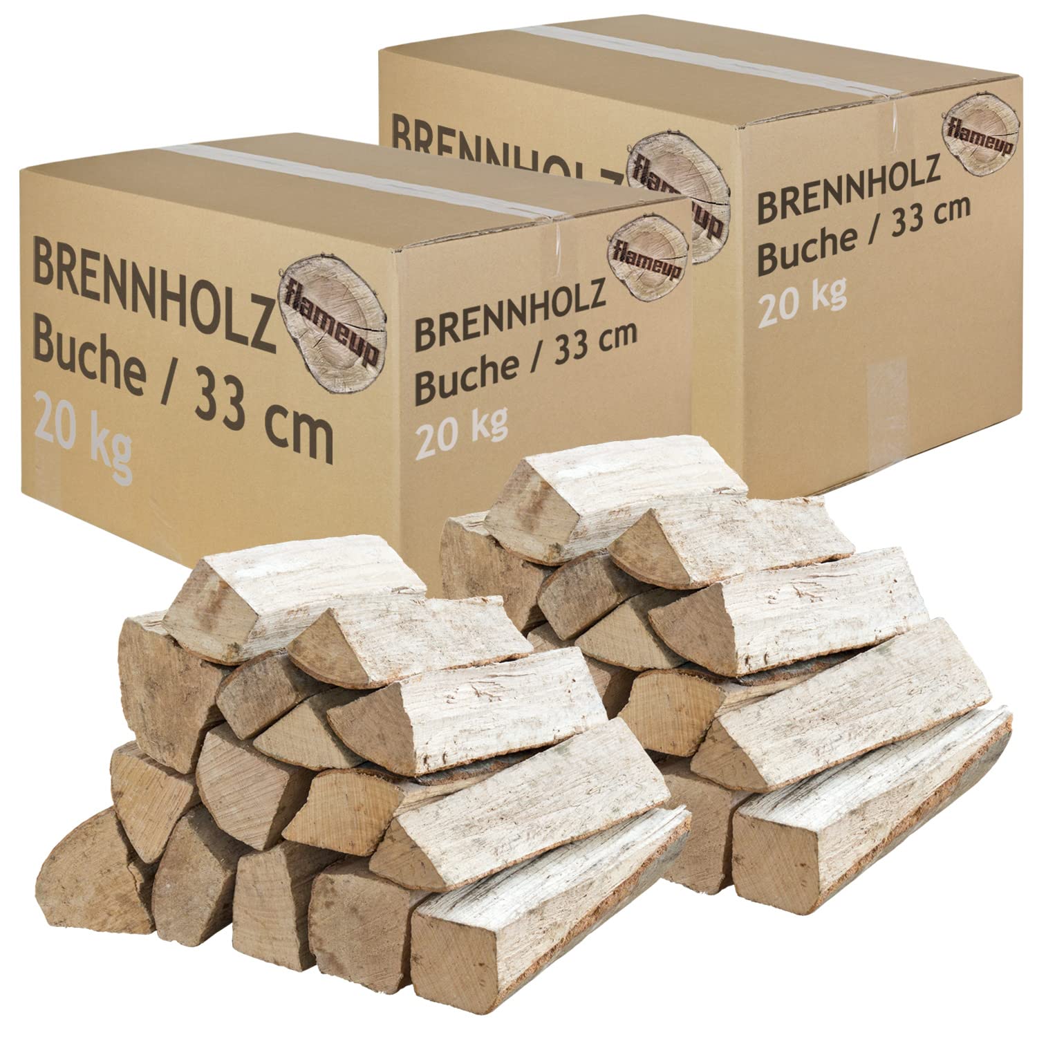 Bois de Chauffage 40 kg pour Poêle et Cheminée Brasero Grill Panier à Feu Bûches de Bois de Hêtre 33 cm Flameup