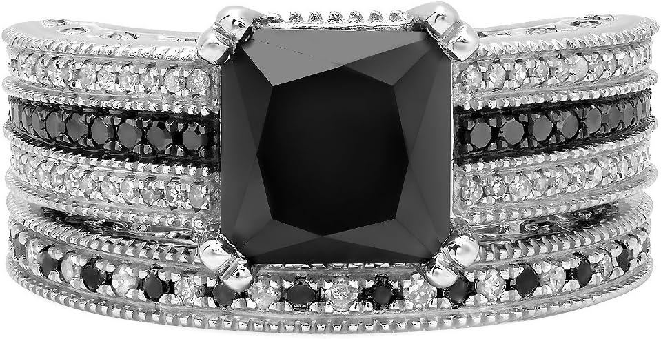 Dazzlingrock Collection 4.75 Ctw Black & Natural White Diamond Bridal Vintage Style Engagement Ring Set, Sterling Silver
