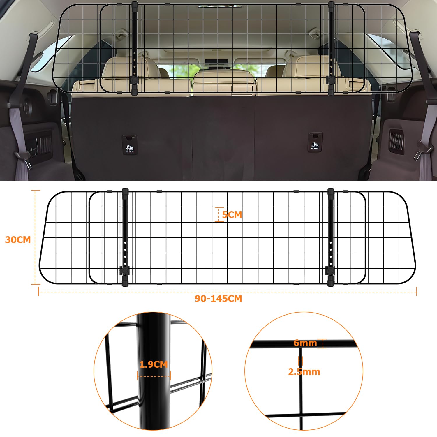 Herrselsam Grille de protection de voiture, pour chien, largeur réglable, grille de séparation pour coffre de chien, avec ceinture de sécurité, filet de voiture