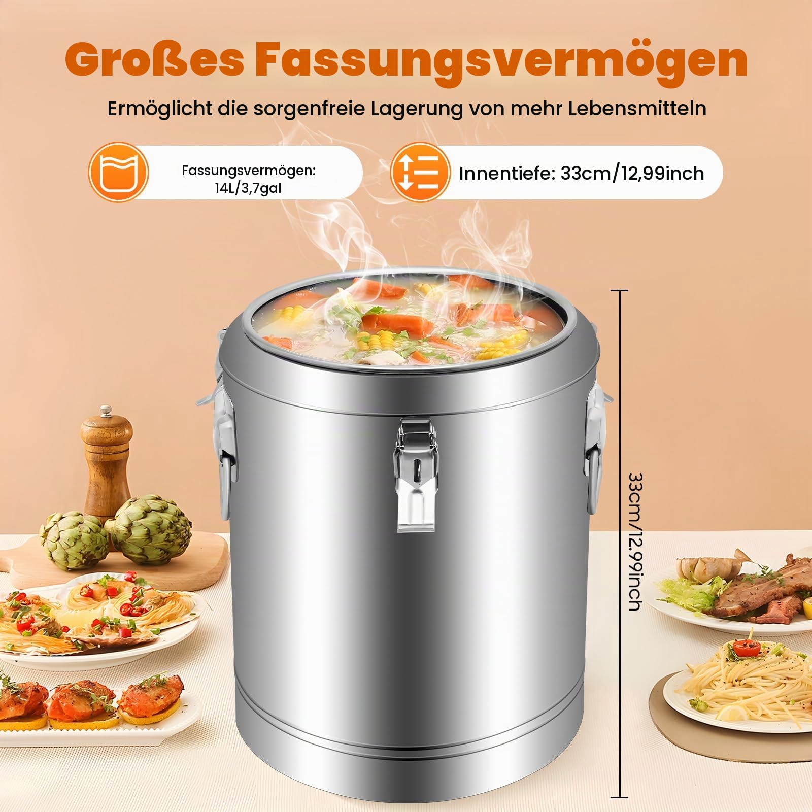 Große Isolierter Warmer Suppentopf, 201 Edelstahl 40L Frühstücks Suppentopf für Transport Thermobehälter mit Gummiring und Spannverschluss (40L/10.6gal)