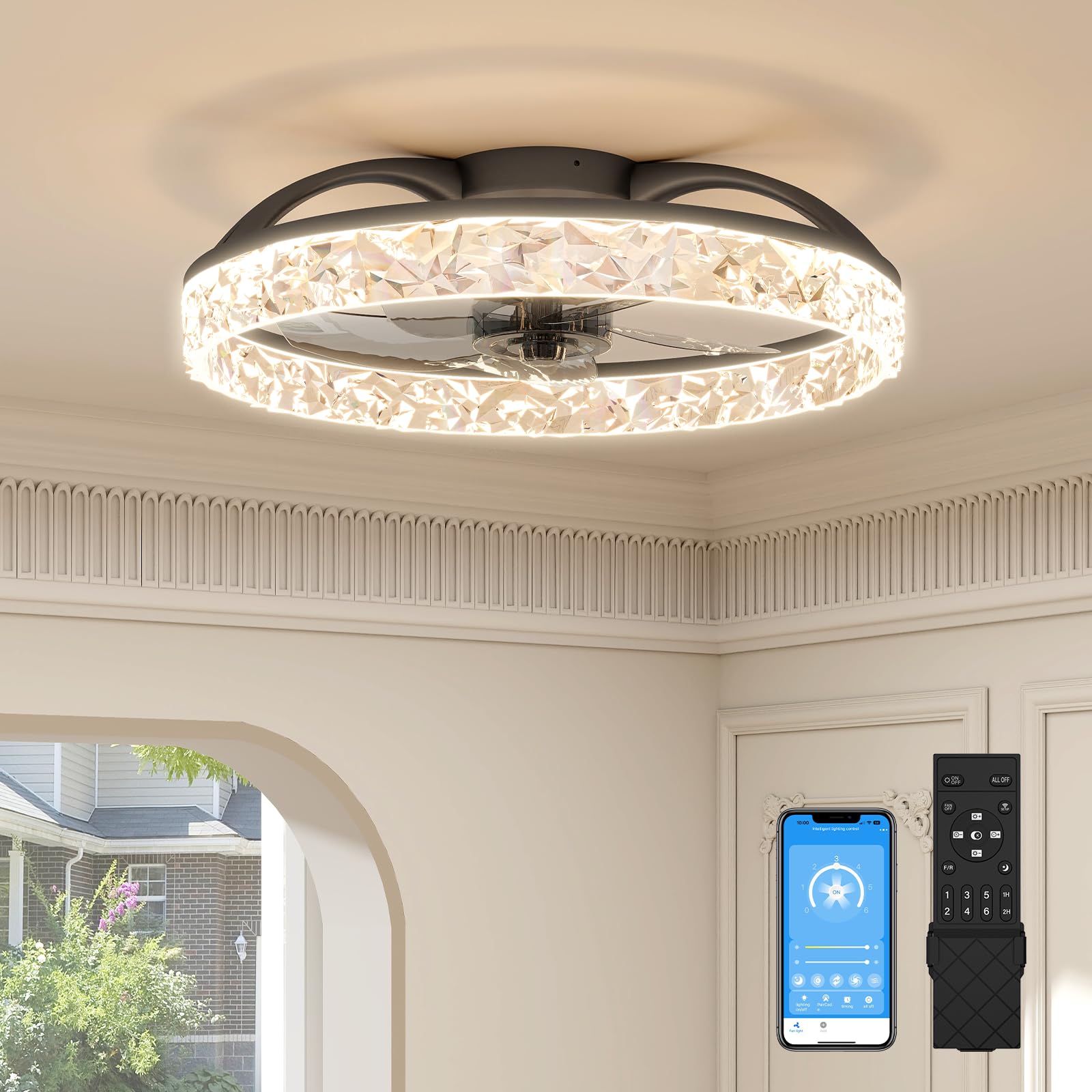 VOLISUN Ceiling Fans with Lights and Remote, Modern Smart LED Ceiling Fan Light, 6 Speeds and 3000K-6500K Dimmable Quiet Fan Ceiling Lights for Bedroom Living Room Dining Room (60cm)