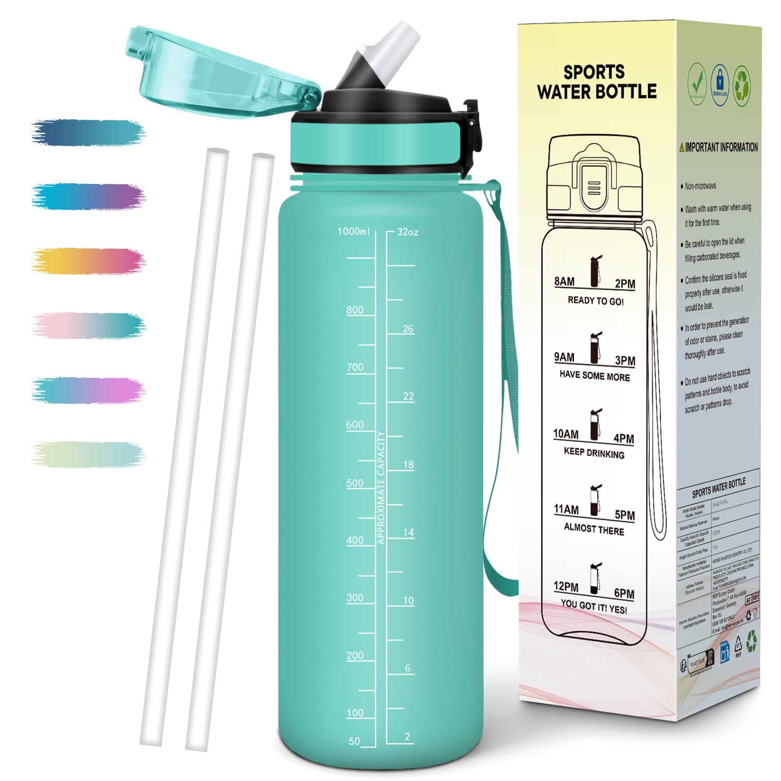 Mulbijeo Borraccia 1 Litro, Libre de BPA & Reutilizables, Borracce con Cannuccia, A Prova di Perdita, Borraccia Motivazionale, Portatile, Borracce Palestra per Scuola, Palestra, Ufficio, Festa