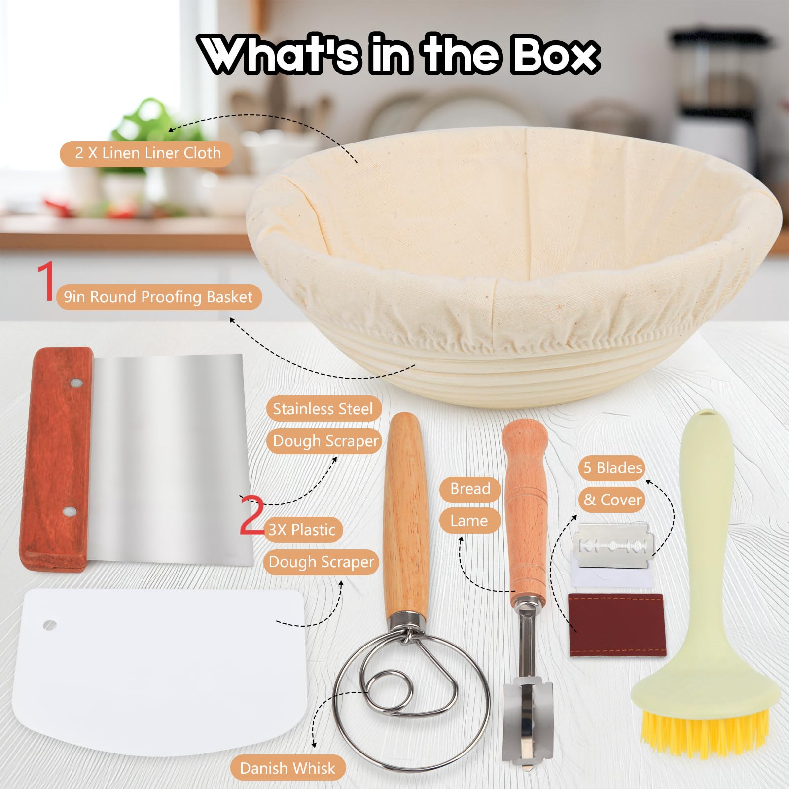 HOYEEFOU Bread Proofing Basket Set,Banneton Sourdough Bread Baking Supplies,Sourdough Starter Kit, Bread Making Tools Kit, Sourdough Tools Kit, Sourdough Proofing Basket set, Sour dough Tools Kit