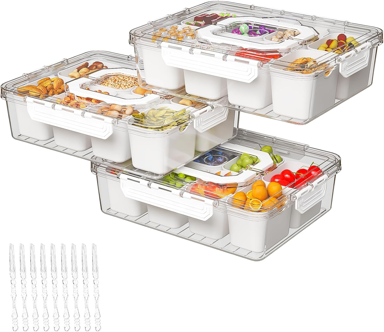 REBECAT Divided Serving Tray with Lid and Handles 8 Compartments Snack Box Container Charcuterie Organizer Snackle Box Container for Candy,Nuts?Fruits,Snacks,3 Pack,White White 3 Pack-8 Compartments