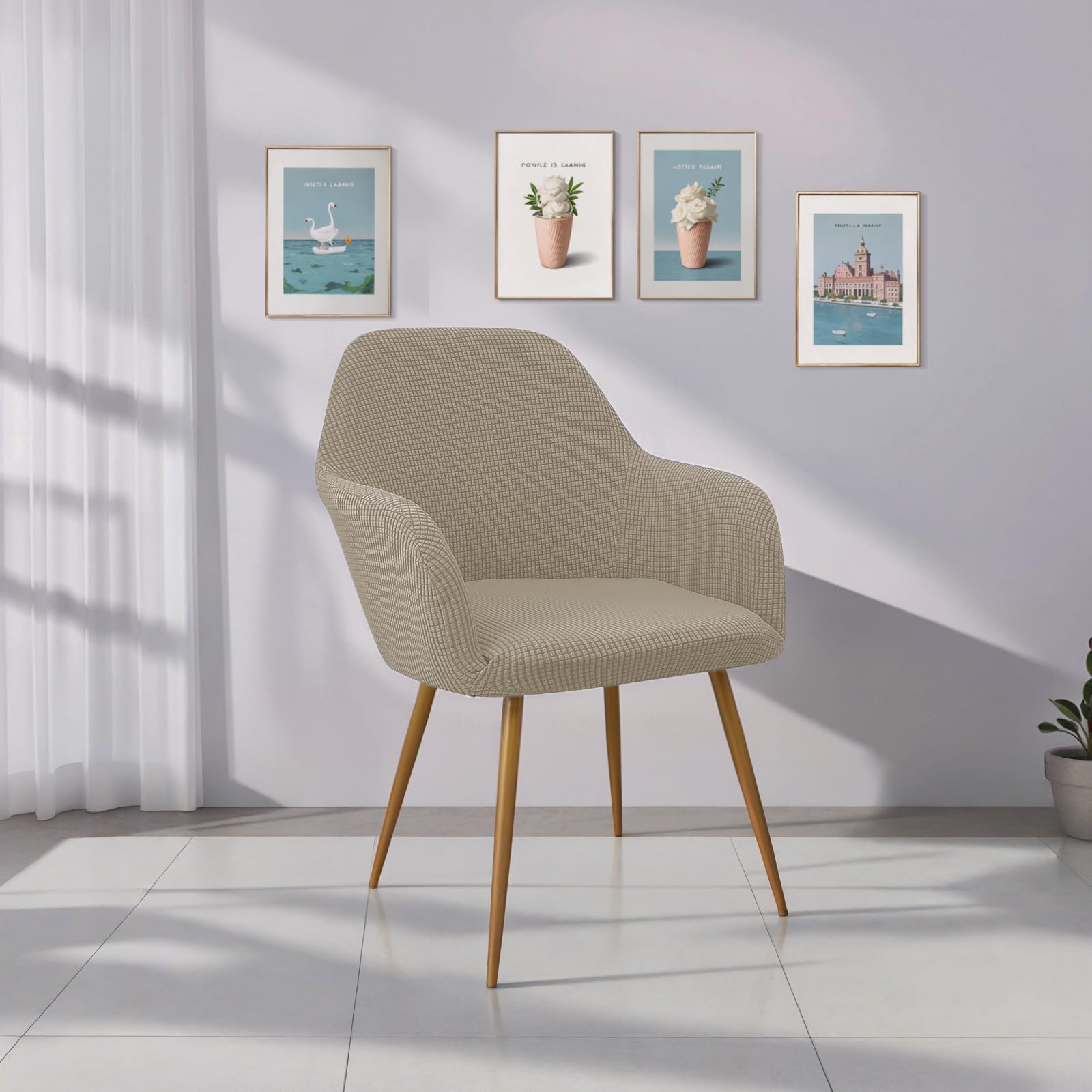 EBETA Funda para Silla de Comedor Extraíble, Jacquard Funda de sillón con Reposabrazos Silla Oficina Protector de Silla Desmontable y Lavable para Sillas Cocina (Arena, 4 Unidades)
