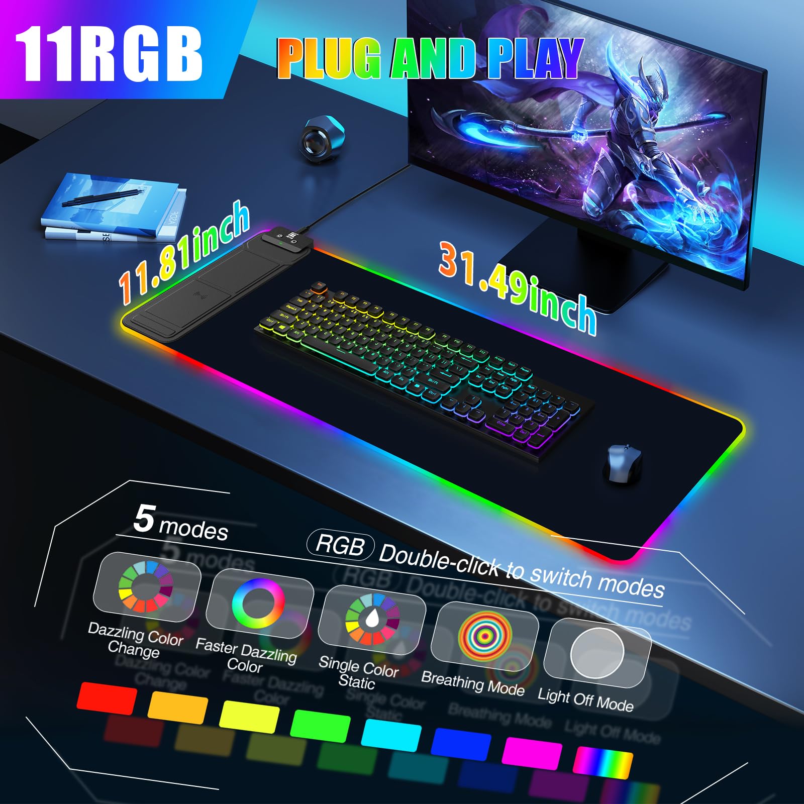Alfombrilla de mouse RGB con soporte plegable para teléfono y cargador inalámbrico, 31.5 x 11.8 pulgadas, XL para juegos, alfombrilla de escritorio grande con doble carga para teléfono y AirPods, 11