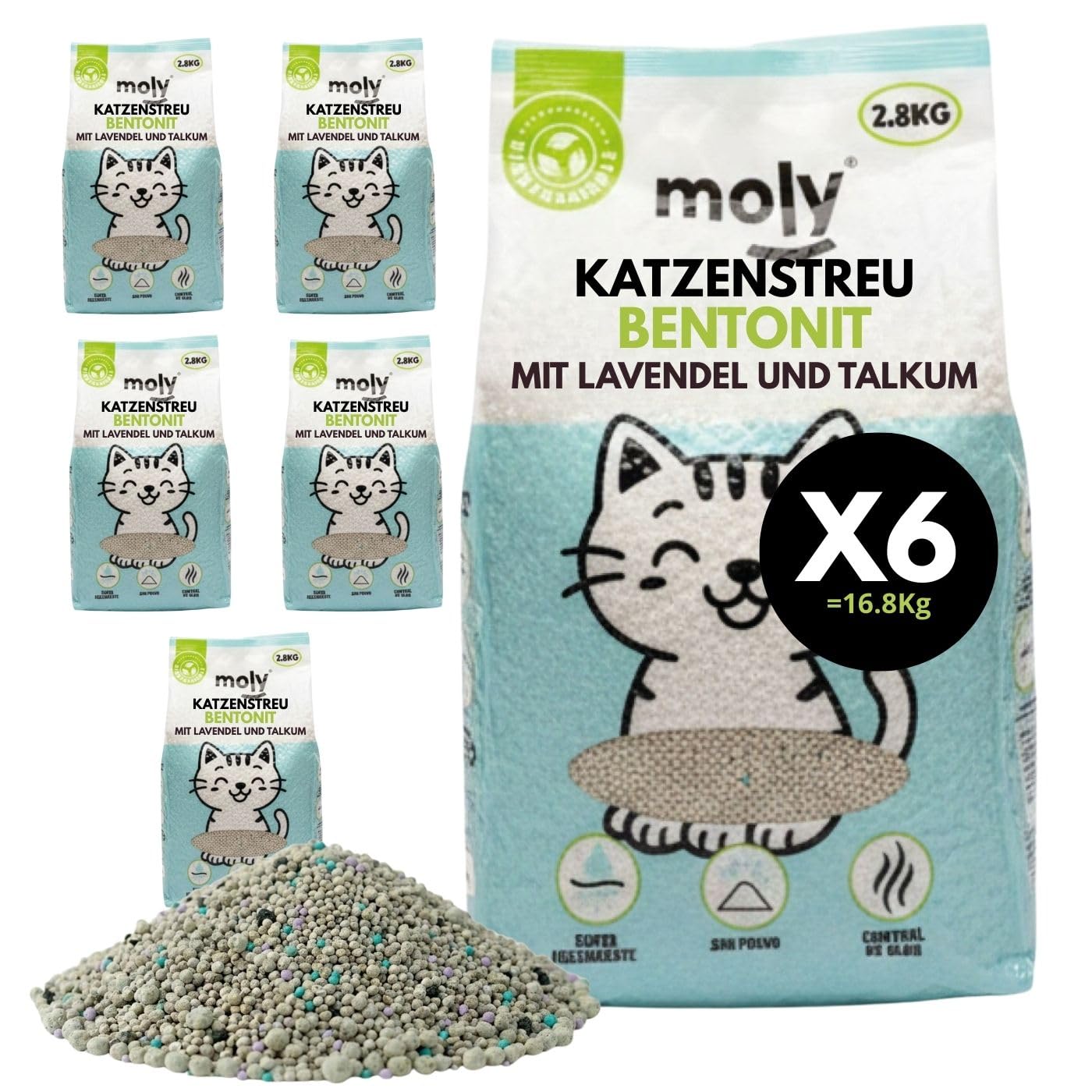 MOLY X6 Bentonit-Katzenstreu mit Aktivkohle, 16,8 kg, 22,2 l, hohe Absorption, Bindemittel mit Lavendel- und Talkum-Duft, vollständige Geruchskontrolle, staubfrei, hygienisches Mineralbett