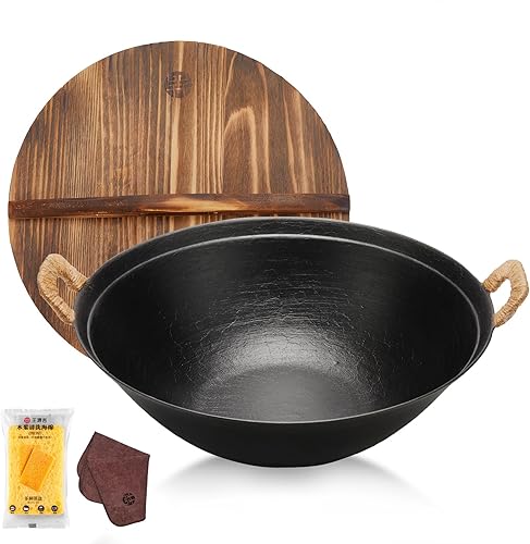 WANGYUANJI Wok de hierro fundido hecho a mano de 14.2 pulgadas con doble asa, apto para todas las estufas, wok tradicional chino sin revestimiento