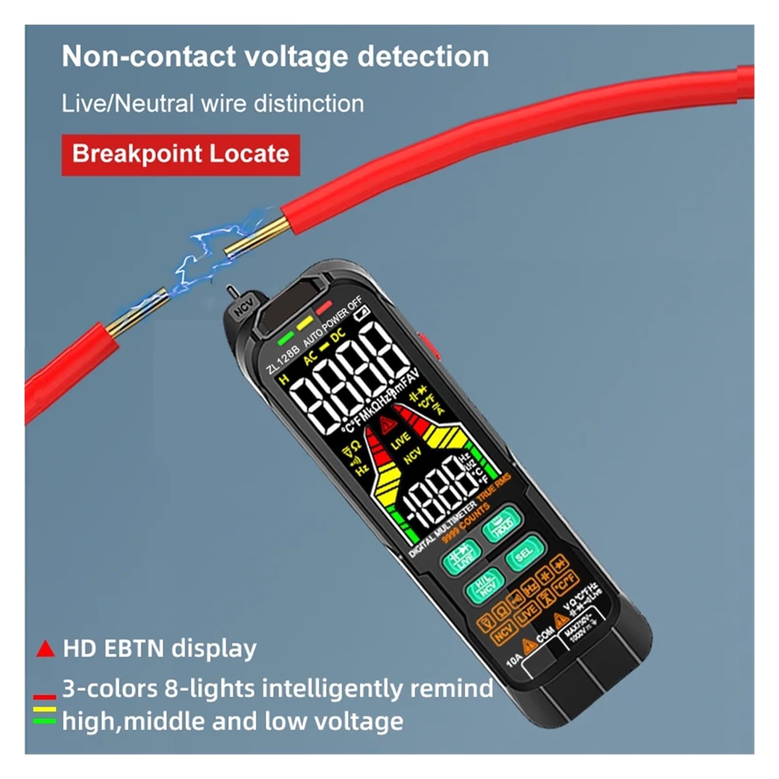 Multimetr cyfrowy 9999 punktów, kolorowy wyświetlacz T-RMS, tester napięcia DC/CA, test pojemności, test diod, test NCV/Hz, tester drutu pod napięciem (liczba ZL128A 9999)