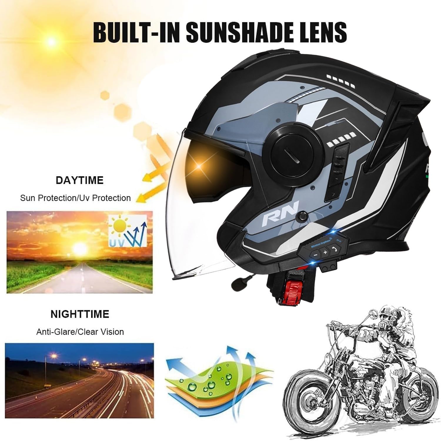 Motorradhelm Bluetooth Jethelm ECEDOT Zertifizierung Integrierter Bluetooth 3/4 Motorrad Helm Jet Scooter Helm Herren Damen Mit Doppelvisier Offenem Halbhelme Moped Rollerhelm