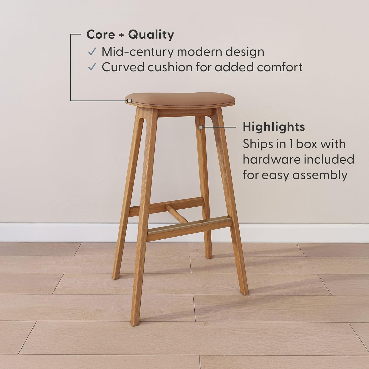 Plank+Beam Beryl Bar Height Stool - Mid-Century Modern Rubberwood Bar Stool with Faux Leather Seat, Metal Footrest, Easy Assembly, Pecan/Toffee