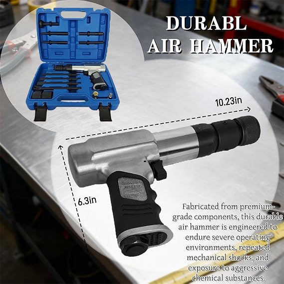 Air Hammer 2500 BPM, 13PCS Kit, Flat Chisel & Cutter | Versatile air hammer kit for auto repair, metal cutting, demolition & loosening fasteners. Quick-change retainer