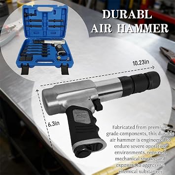 Air Hammer 2500 BPM, 13PCS Kit, Flat Chisel & Cutter | Versatile air hammer kit for auto repair, metal cutting, demolition & loosening fasteners. Quick-change retainer