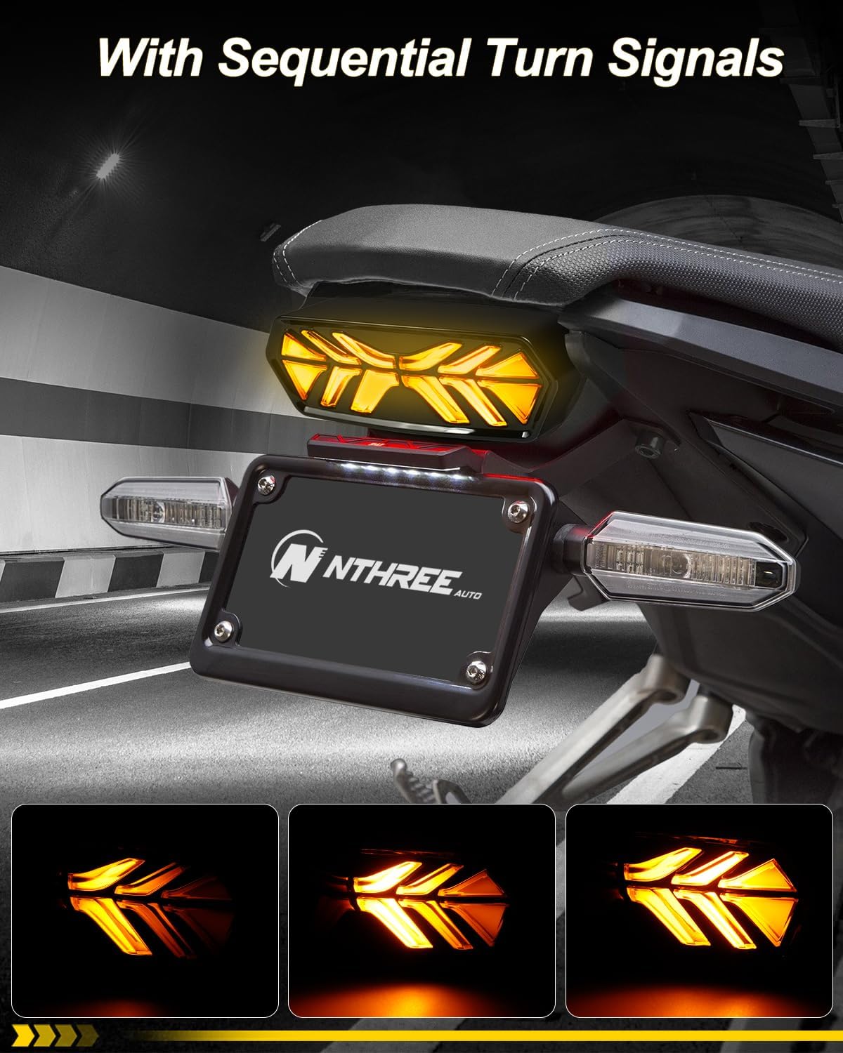 NTHREEAUTO LED Brake Tail Light Sequential Turn Signals Motorcycle Rear Taillight Compatible with Honda Grom MSX125 CB650F CB650R CBR650F CTX700N (Smoked Lens)