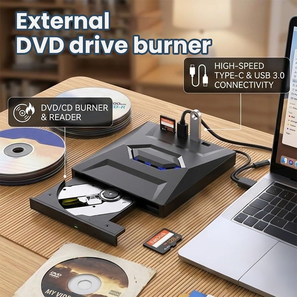 7-in-1 External Blu-ray Drive USB 3.0 & Type-C Portable BD/DVD/CD Burner Writer Reader with 3 USB Ports Hub & SD/TF Card Reader 6X Blu-ray Optical Drive for Laptop Desktop — view 7