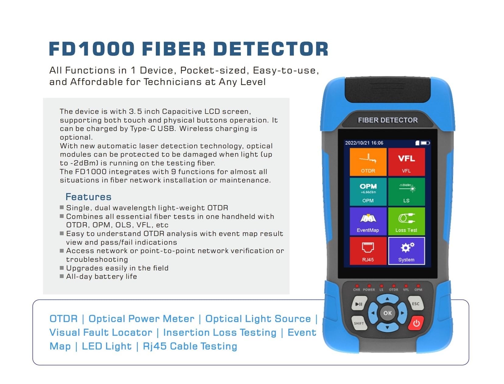 Glasfasermessgerät, 1625 Nm Aktiver Fasertest OTDR Reflektometer Faserdetektor 80 Km Optiktester Instrument Touchscreen SC FC Adapter Mini FD1000,Präzisionsmessung(SC APC connector)