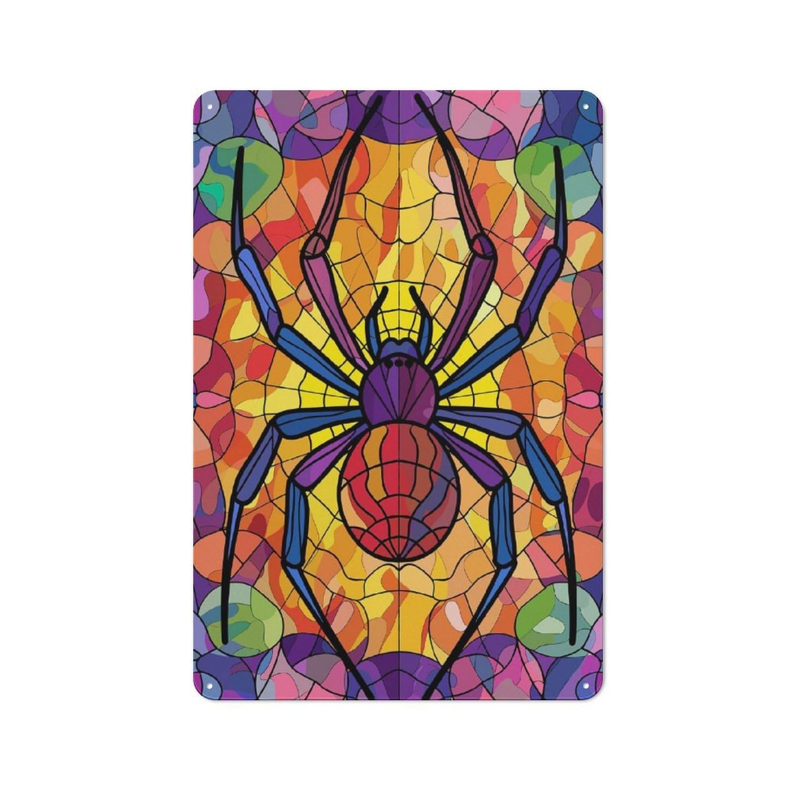 Junmoney Style-16 Metal Plaque 30X20cm With Stained Glass Spider Web For Pub Or Café, Vintage Decor, For Vintage Wall Decor Fans, For Metal Sign Collectors