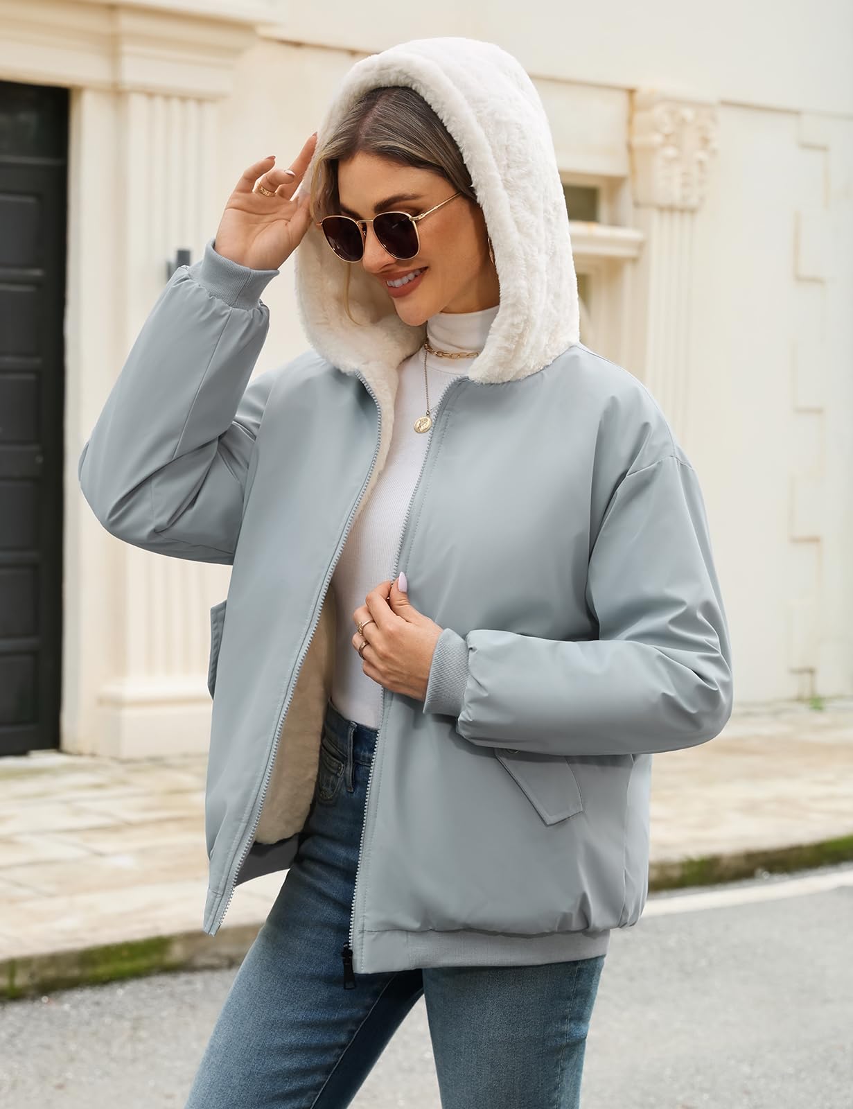 Vancavoo Chaqueta Reversible Mujer de Invierno con Capucha y Pelo Suave | Cazadora Corta con Cremallera, Puños de Canalé y Bolsillos en Ambos Lados para Uso Diario
