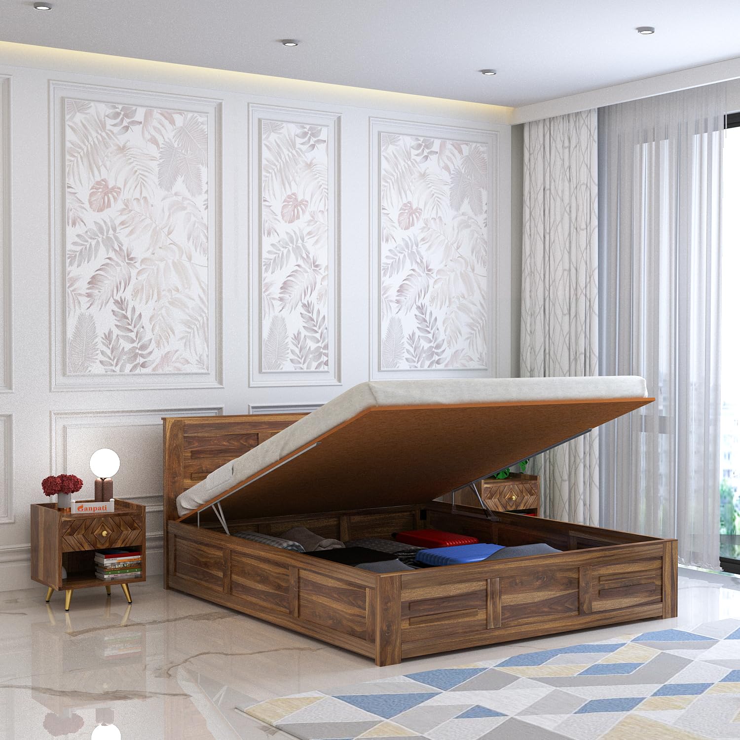 Ganpati Arts Sheesham Wood Swiss Queen Size Bed with Hydraulic Storage | Wooden Double Bed Cot Palang Furniture for Bedroom, Living Room, Hotel, Home (Teak Finish)